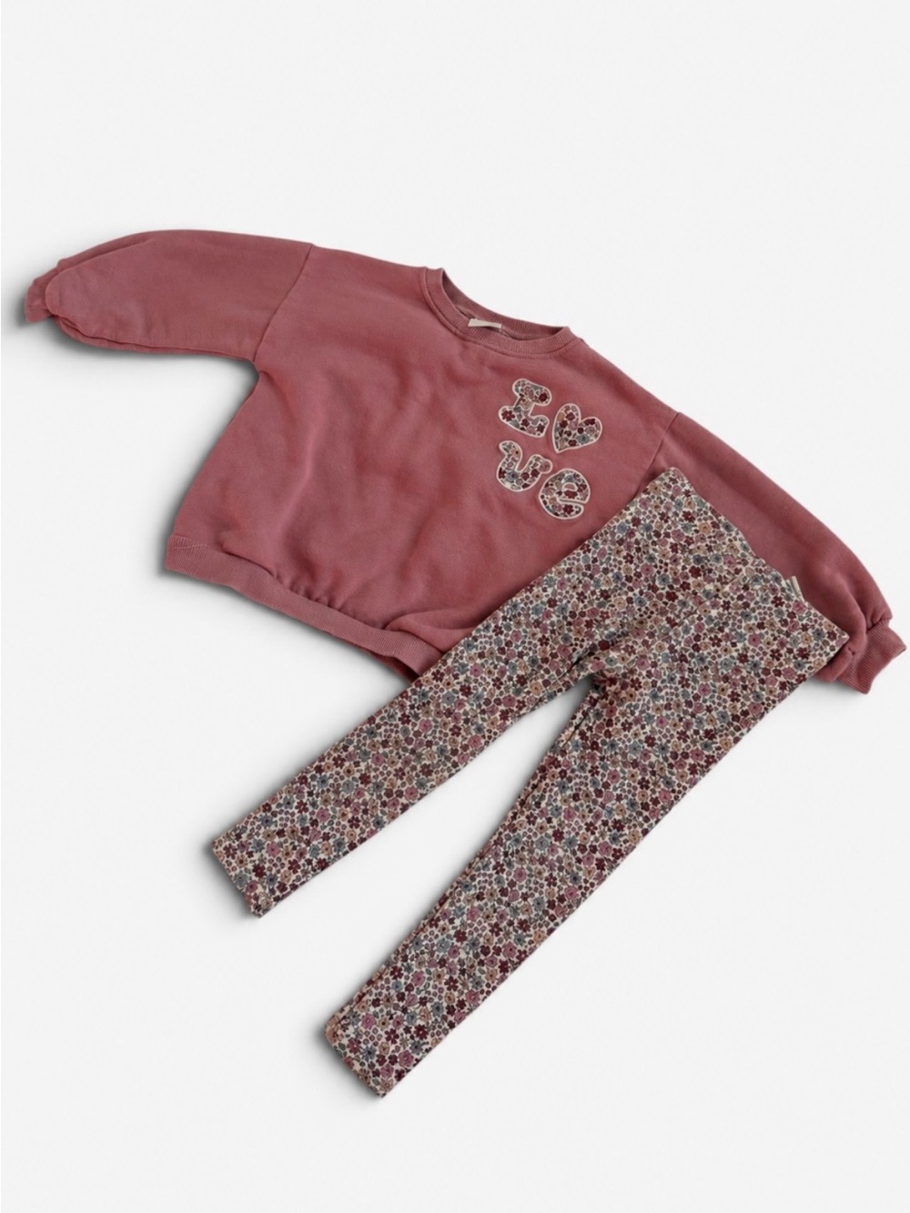 Zara Girls 4Y Pink Love Sweatshirt Floral Leggings 2 Piece Set
